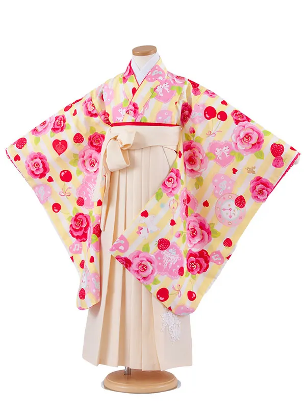 女児袴レンタル（7歳女の子） 白×黄色 ストライプ 薔薇 A180