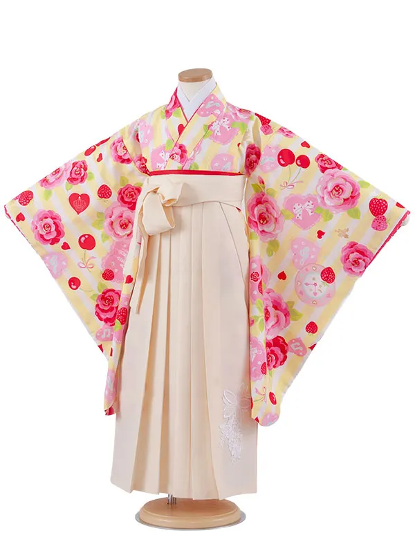 女児袴レンタル（7歳女の子） 白×黄色 ストライプ 薔薇 A180