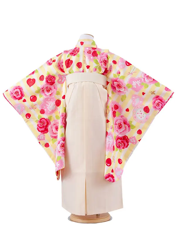 女児袴レンタル（7歳女の子） 白×黄色 ストライプ 薔薇 A180