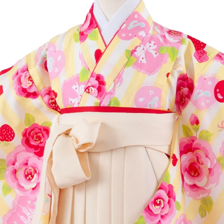 女児袴レンタル（7歳女の子） 白×黄色 ストライプ 薔薇 A180