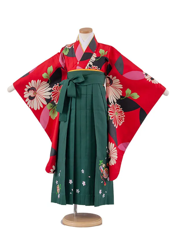 女児袴レンタル（7歳女の子） 赤地 菊 A181