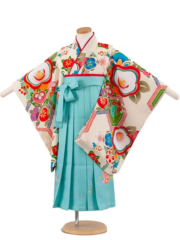 女児袴レンタル（5歳女の子） アイボリー 椿 ミント袴 A182