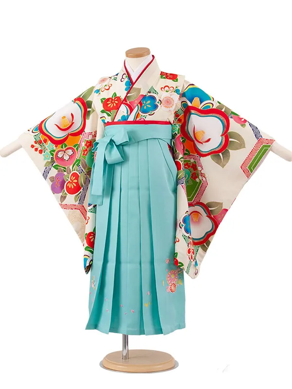 女児袴レンタル（5歳女の子） アイボリー 椿 ミント袴 A182