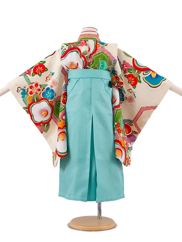 女児袴レンタル（5歳女の子） アイボリー 椿 ミント袴 A182