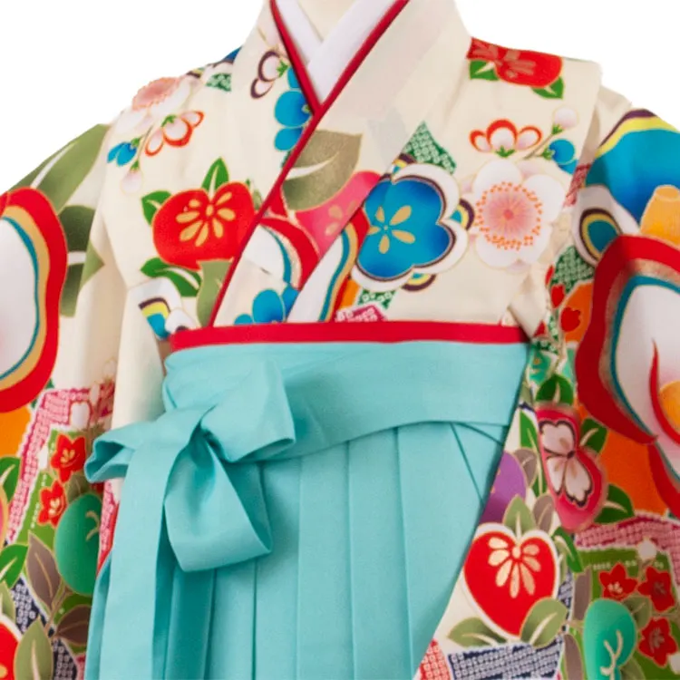 女児袴レンタル（5歳女の子） アイボリー 椿 ミント袴 A182