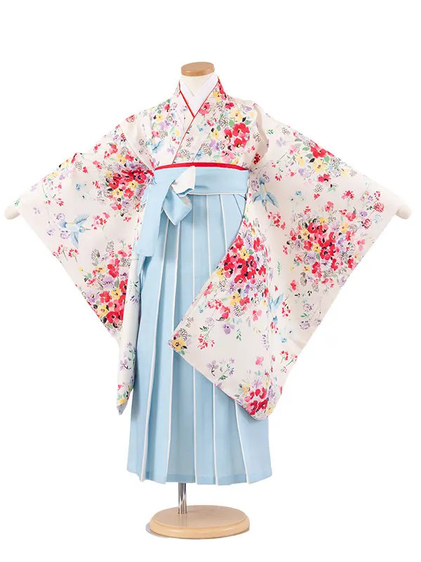 女児袴レンタル（7歳女の子） オフホワイト 花々 鳥 A194