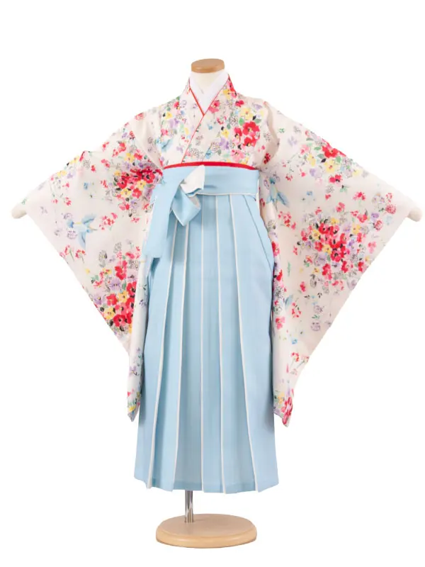 女児袴レンタル（7歳女の子） オフホワイト 花々 鳥 A194