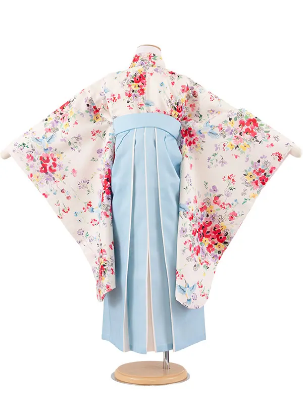 女児袴レンタル（7歳女の子） オフホワイト 花々 鳥 A194
