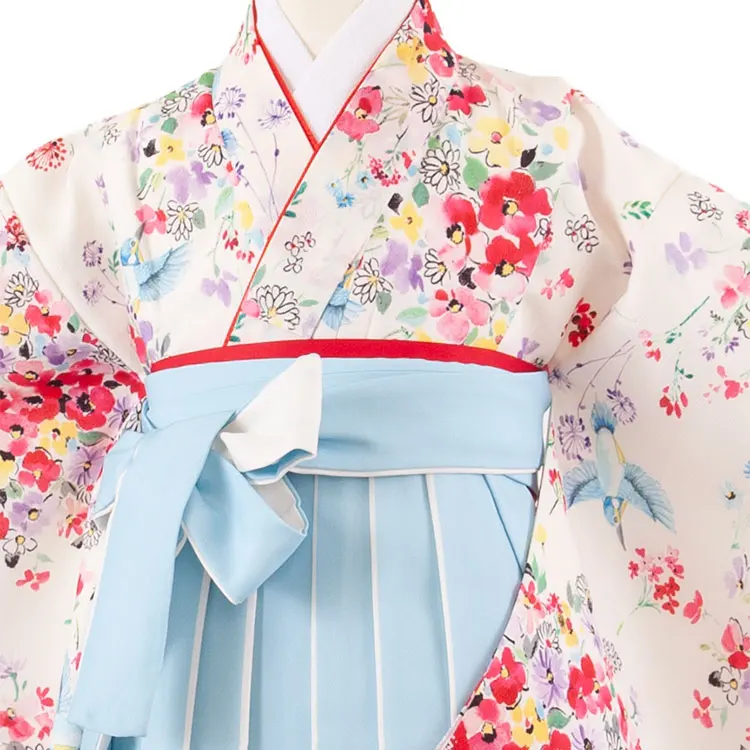 女児袴レンタル（7歳女の子） オフホワイト 花々 鳥 A194