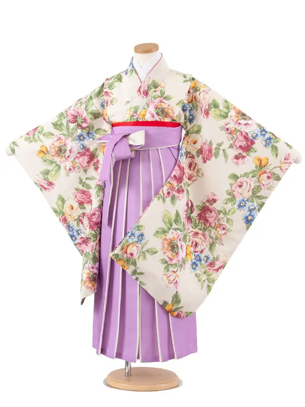 女児袴レンタル（7歳女の子） クリームベージュ 薔薇 A195