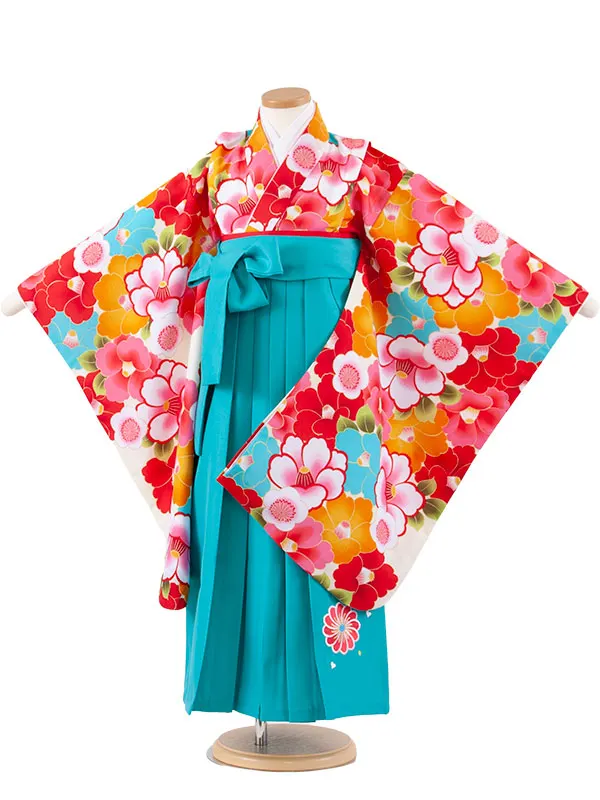 女児袴レンタル（7歳女の子） アイボリー 椿 ターコイズブルー袴 A197