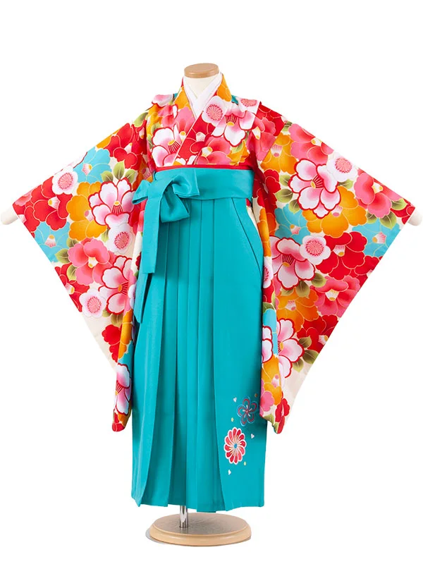 女児袴レンタル（7歳女の子） アイボリー 椿 ターコイズブルー袴 A197