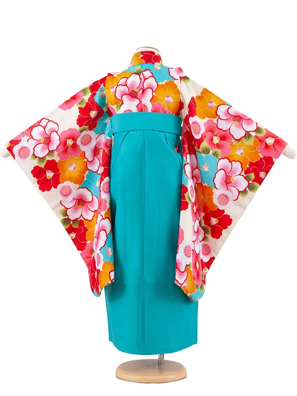 女児袴レンタル（7歳女の子） アイボリー 椿 ターコイズブルー袴 A197