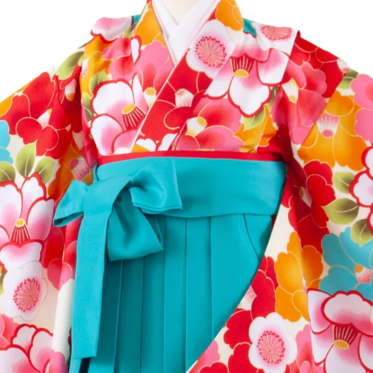 女児袴レンタル（7歳女の子） アイボリー 椿 ターコイズブルー袴 A197