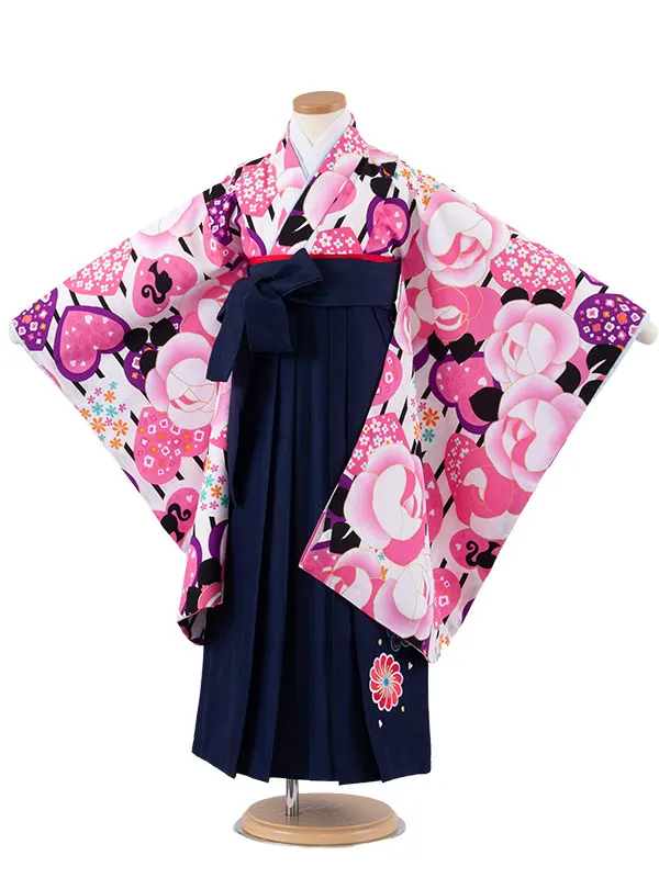 女児袴レンタル（7歳女の子） 白地 薔薇 ハート A198