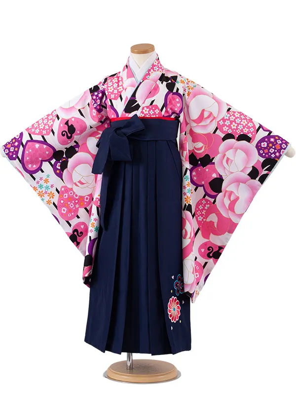 女児袴レンタル（7歳女の子） 白地 薔薇 ハート A198