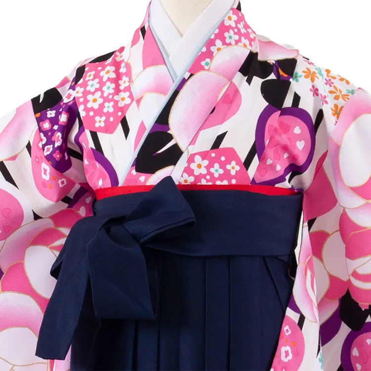 女児袴レンタル（7歳女の子） 白地 薔薇 ハート A198