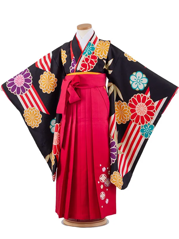 女児袴レンタル（7歳女の子） 黒地 菊 グラデーション袴 A203