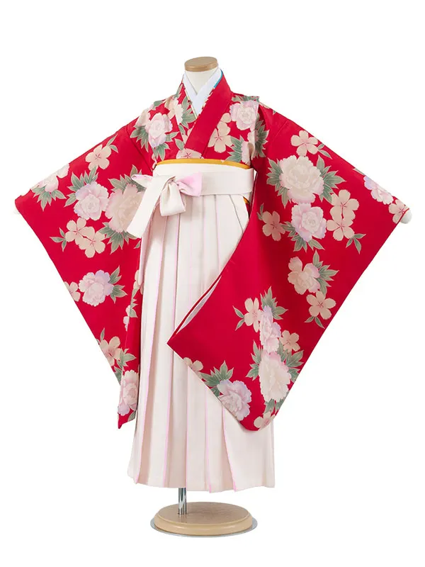 女児袴レンタル（7歳女の子） 赤地 牡丹 A210