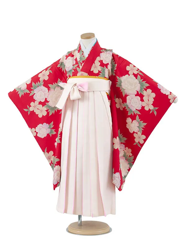 女児袴レンタル（7歳女の子） 赤地 牡丹 A210