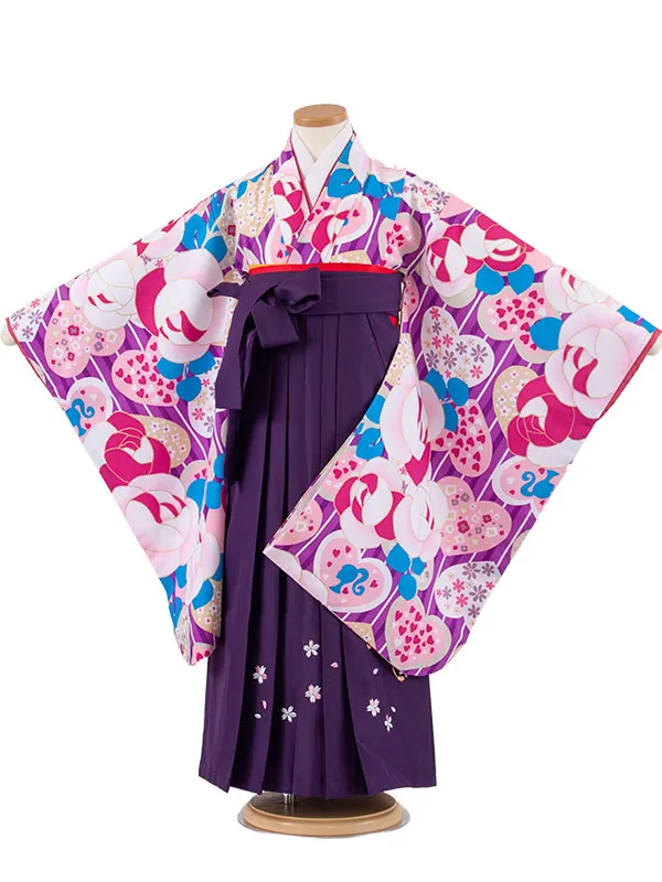 女児袴レンタル（7歳女の子） 紫地 薔薇 ハート A212
