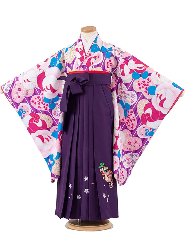 女児袴レンタル（7歳女の子） 紫地 薔薇 ハート A212