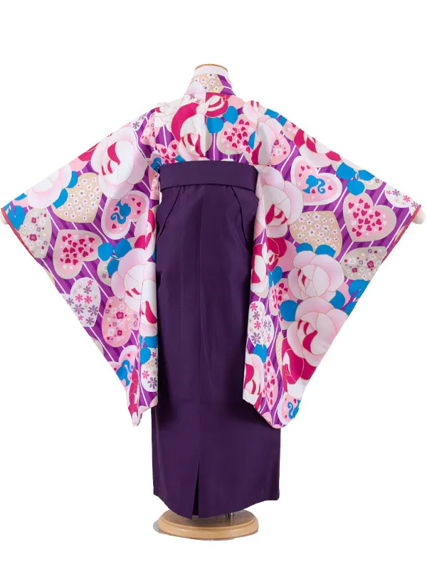 女児袴レンタル（7歳女の子） 紫地 薔薇 ハート A212