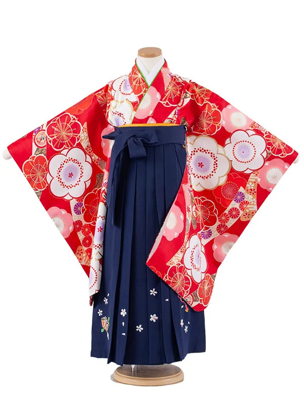 女児袴レンタル（7歳女の子） 赤地 梅 A215