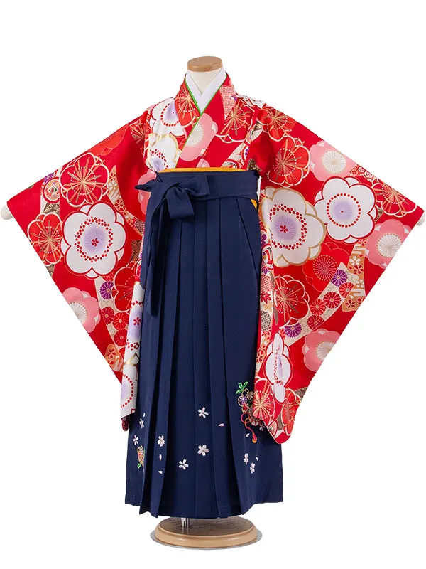 女児袴レンタル（7歳女の子） 赤地 梅 A215
