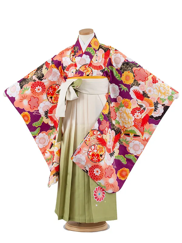 女児袴レンタル（7歳女の子） 紫地 松竹梅 鶴 グラデーション袴 A216