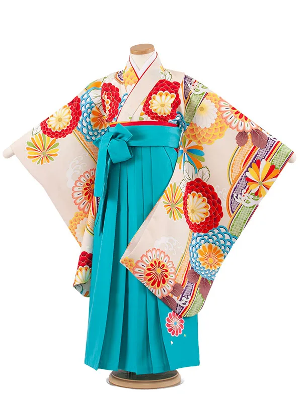 女児袴レンタル（7歳女の子） エクルベージュ 菊 ターコイズブルー袴 A217