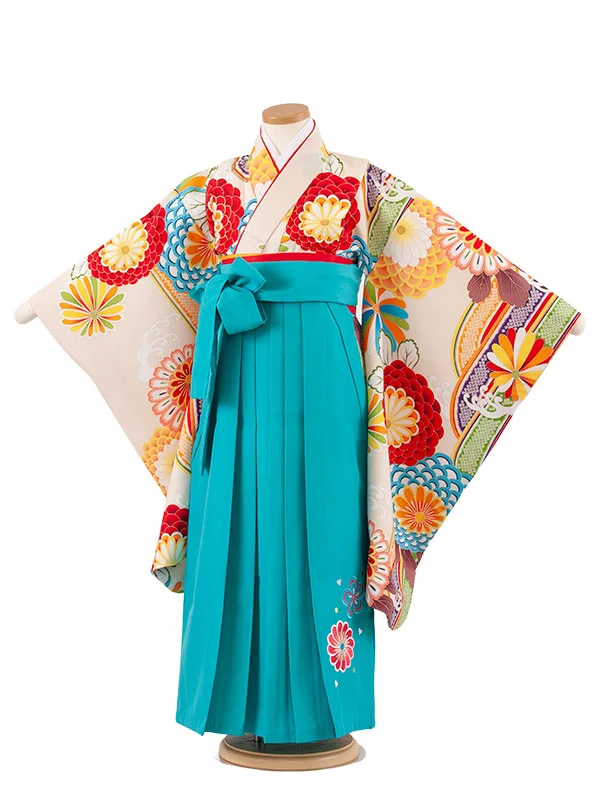 女児袴レンタル（7歳女の子） エクルベージュ 菊 ターコイズブルー袴 A217