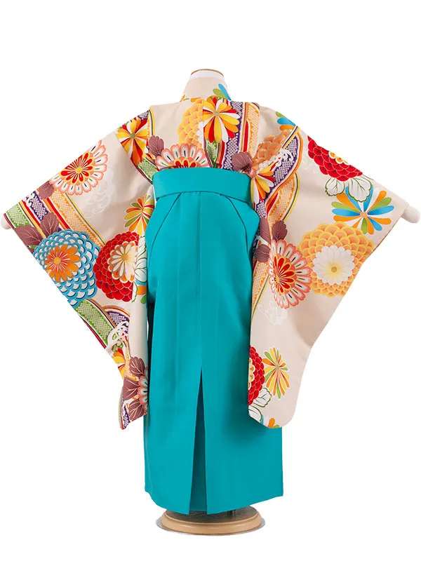 女児袴レンタル（7歳女の子） エクルベージュ 菊 ターコイズブルー袴 A217