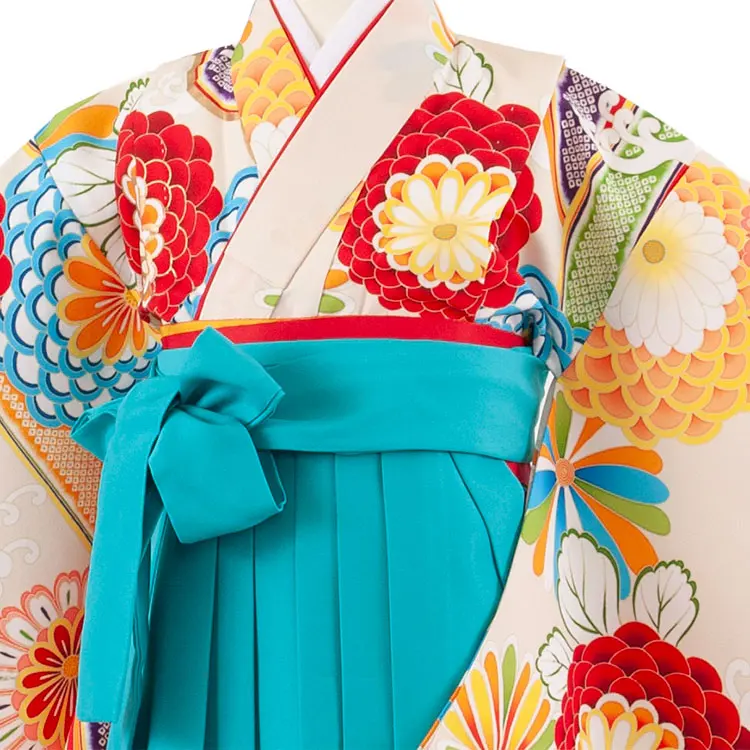 女児袴レンタル（7歳女の子） エクルベージュ 菊 ターコイズブルー袴 A217