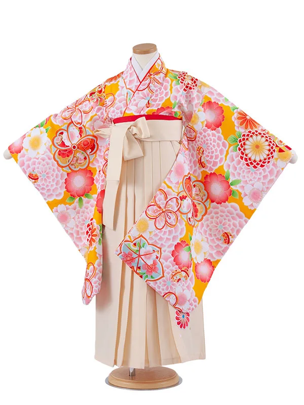 女児袴レンタル（7歳女の子） オレンジ ねじり梅 菊 A221