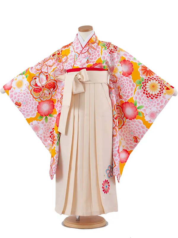 女児袴レンタル（7歳女の子） オレンジ ねじり梅 菊 A221