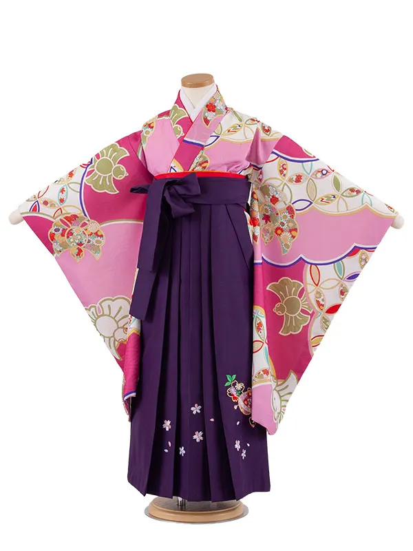 女児袴レンタル（7歳女の子） ピンク 七宝柄 A224