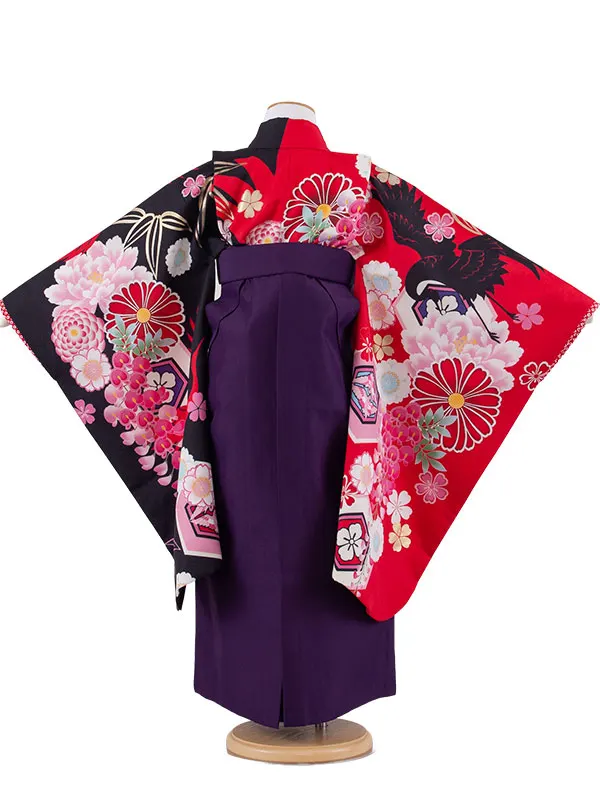 女児袴レンタル（7歳女の子） 赤×黒 片身替り 鶴 菊 A225