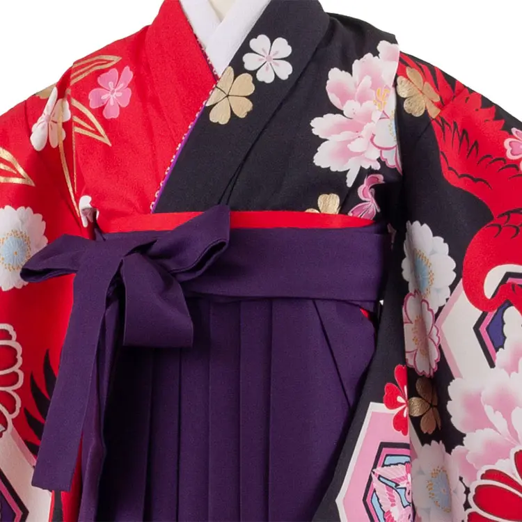 女児袴レンタル（7歳女の子） 赤×黒 片身替り 鶴 菊 A225
