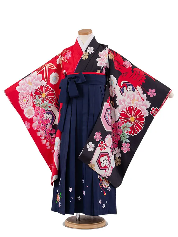 女児袴レンタル（7歳女の子） 赤×黒 片身替り 鶴 菊 A226