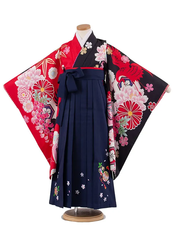 女児袴レンタル（7歳女の子） 赤×黒 片身替り 鶴 菊 A226