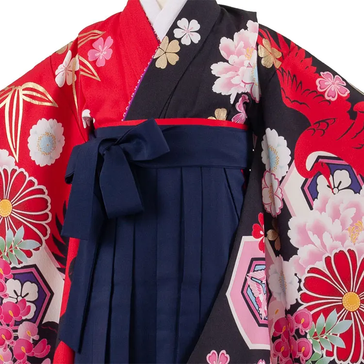 女児袴レンタル（7歳女の子） 赤×黒 片身替り 鶴 菊 A226