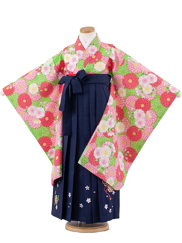 女児袴レンタル（7歳女の子） 黄緑地 桜 菊 A231