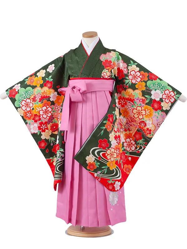 女児袴レンタル（6～7歳女の子） 深緑地 鞠桜 A232