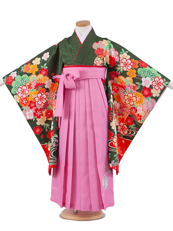 女児袴レンタル（6～7歳女の子） 深緑地 鞠桜 A232