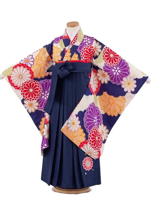 女児袴レンタル（7歳女の子） 紺地 菊 A236