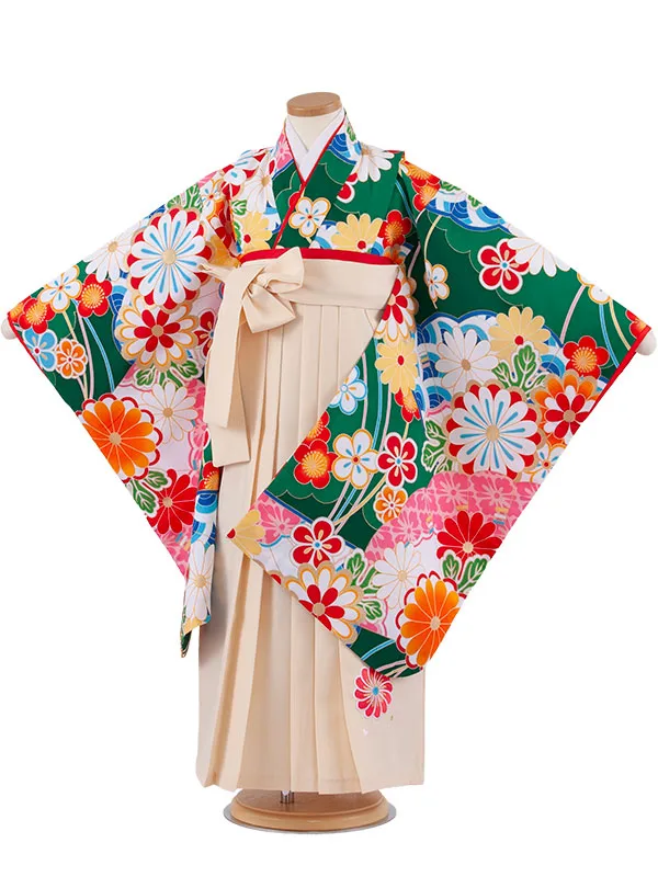女児袴レンタル（7歳女の子） 緑地 菊 A238