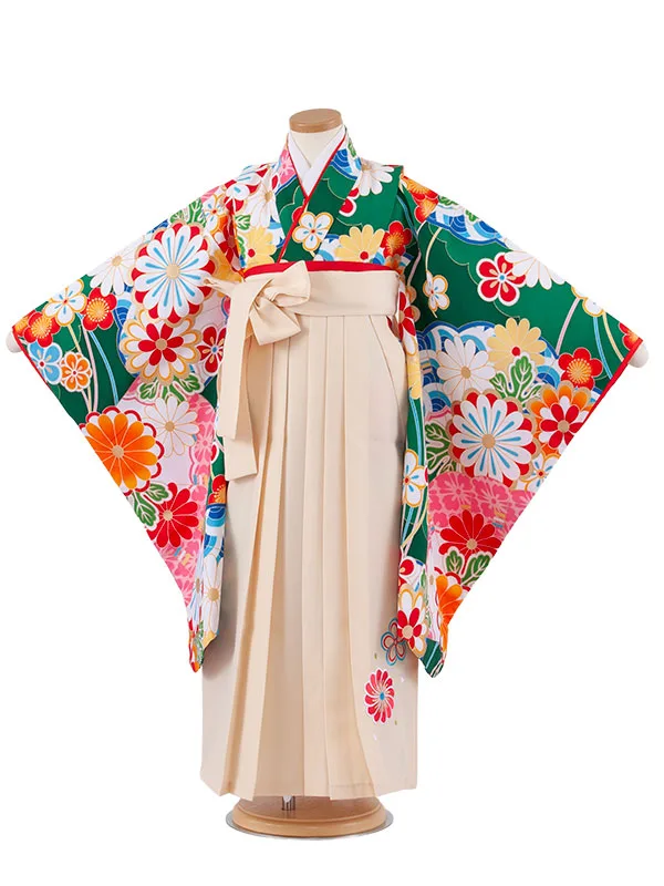 女児袴レンタル（7歳女の子） 緑地 菊 A238