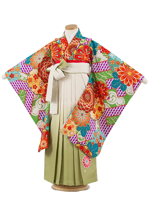 女児袴レンタル（7歳女の子） 緑地 吉祥文様 A240