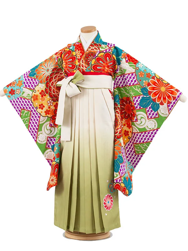 女児袴レンタル（7歳女の子） 緑地 吉祥文様 A240